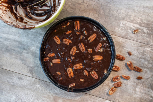 istock round pan of chocolate brownie batter with pecans 1287114155