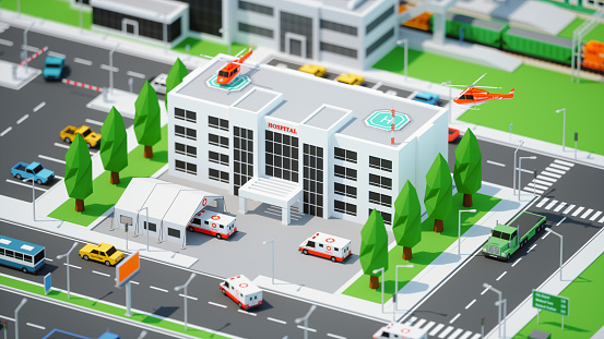 Busy hospital with corona virus tent at miniature style low-poly city.