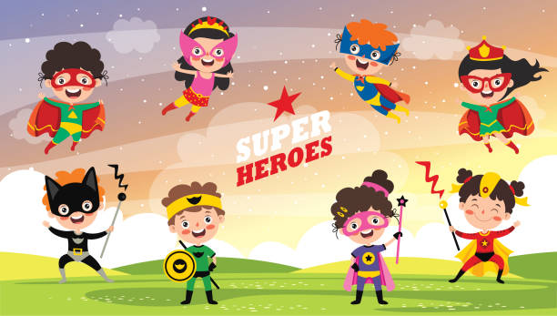 маленький забавный мультфильм супергероев позирует - child little boys people friendship stock illustrations