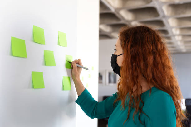 istock Woman writing ideas on post-its wearing a face mask 1287116176