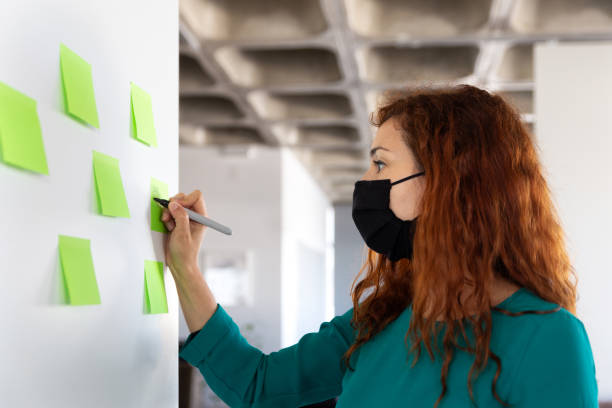 istock Woman writing ideas on post-its wearing a face mask 1287116225