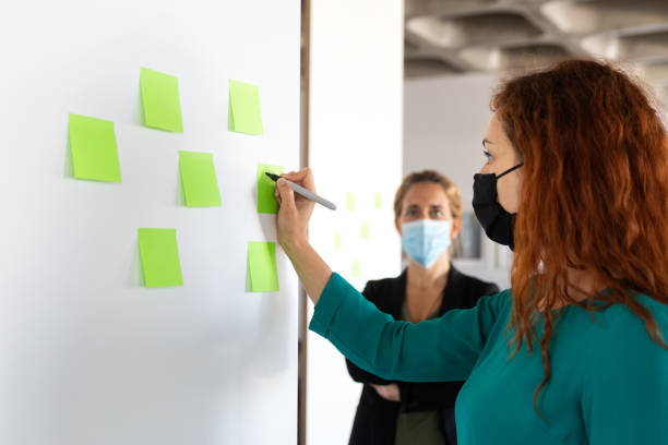 istock Woman writing ideas on post-its wearing a face mask 1287116227