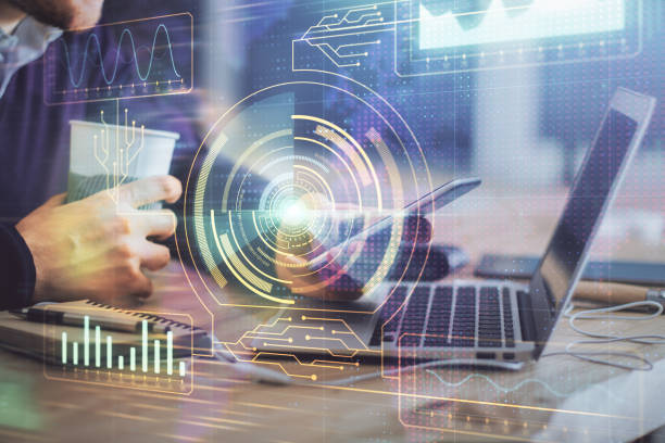 istock Multi exposure of man's hands holding and using a digital device and data theme drawing. Innovation concept. 1287117516