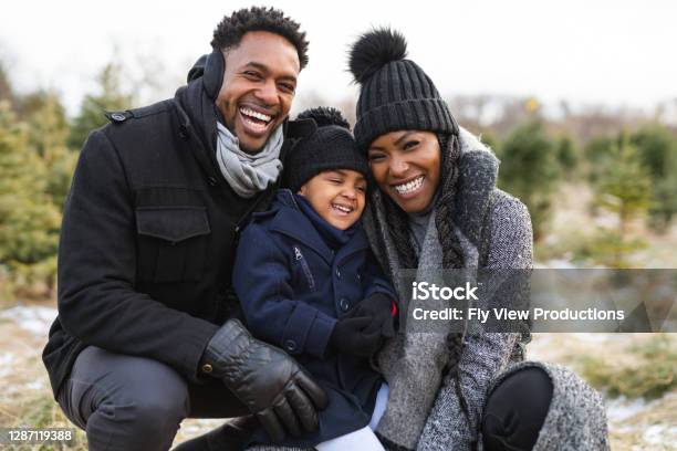 Ein Porträt Einer Jungen Familie Auf Einem Weihnachtsbaumhof Stockfoto und mehr Bilder von Familie
