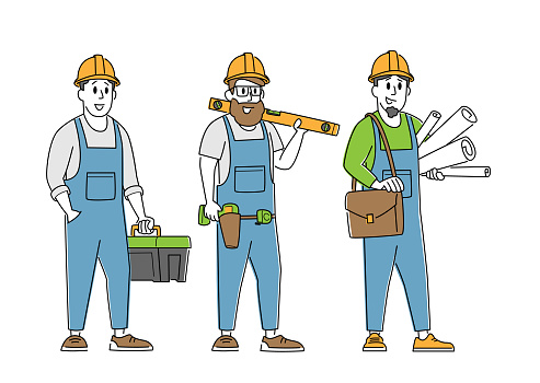 Builder, Engineer or Foreman Characters with Tools and Blueprint. Architects with House Plan, Professional Architecture Building. Worker Constructors in Helmets. Linear People Vector Illustration