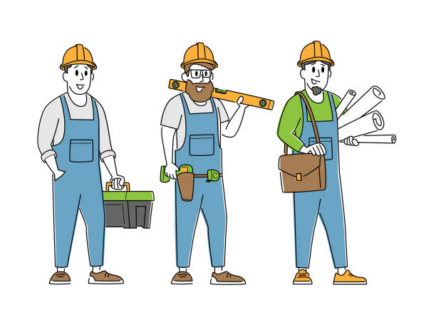 Builder, Engineer or Foreman Characters with Tools and Blueprint. Architects with House Plan, Architecture Building Builder, Engineer or Foreman Characters with Tools and Blueprint. Architects with House Plan, Professional Architecture Building. Worker Constructors in Helmets. Linear People Vector Illustration building contractor illustrations stock illustrations