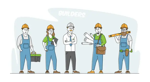 Vector illustration of Builder, Worker Constructors in Helmets. Engineer or Foreman Characters with Tools and Blueprints. Architects with Plan