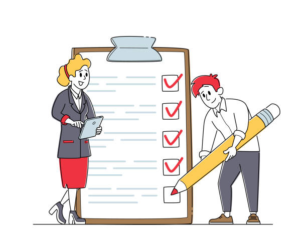 ilustrações de stock, clip art, desenhos animados e ícones de businessman character put check marks into check boxes filling checklist on huge clipboard, businesswoman - paperwork document concepts ideas