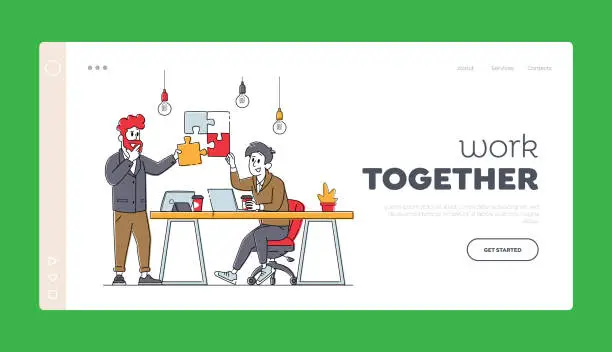 Vector illustration of Teamwork Cooperation, Collective Work, Partnership Landing Page Template. Office Characters Work Together Set Up Puzzle