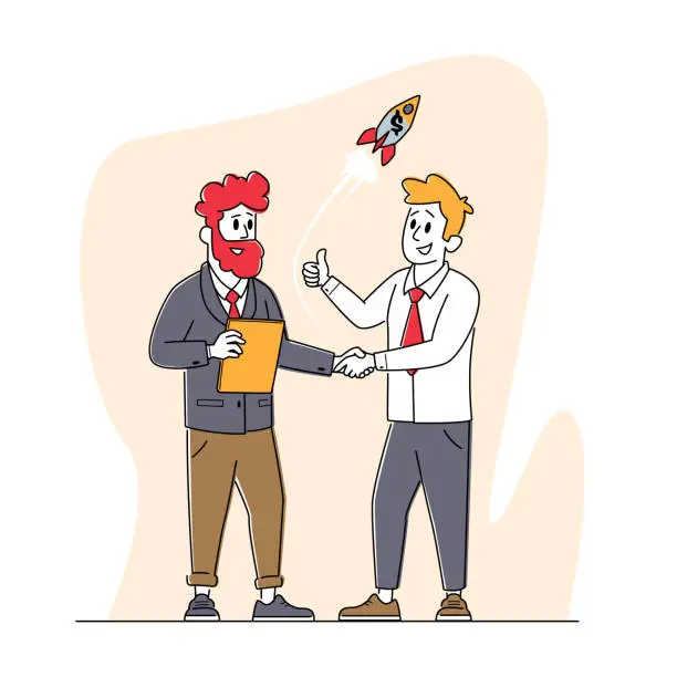 Vector illustration of Business Characters Meeting Shaking Hands. Young Men Stand Face to Face Handshake for Start Up Project. Contract Signing