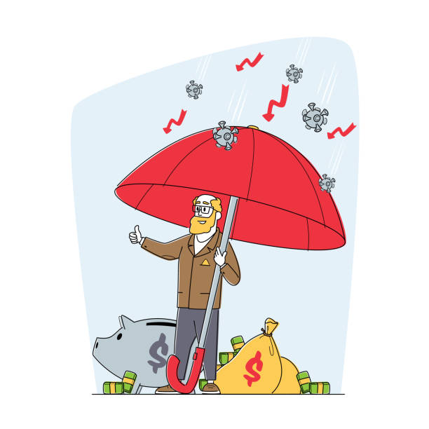 ilustrações, clipart, desenhos animados e ícones de personagem de empresário sênior ficar sob guarda-chuva protegendo dinheiro de células covid mostrar polegar para cima. proteção financeira - security umbrella rain currency