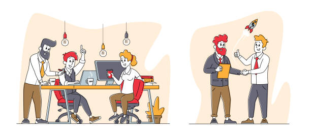 Business Characters Communicate at Board Meeting Discuss Idea in Office. Team Project Development Teamwork Process Business Characters Communicate at Board Meeting Discuss Idea in Office. Team Project Development Teamwork Process. Employee Brainstorm Work Together Search Solution. Linear People Vector Illustration panoramic illustrations stock illustrations