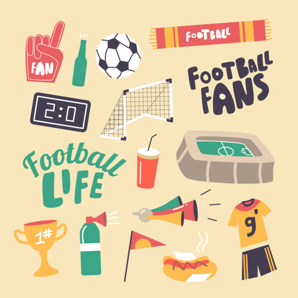Set of Icons Football Fans Attribution Theme. Soccer Ball, Gates and Stadium, Winner Cup, Sportsman Uniform, Soda Drink Set of Icons Football Fans Attribution Theme. Soccer Ball, Gates and Stadium, Winner Cup, Sportsman Uniform, Soda Drink, Beer and Scoreboard with Banner and Hot Dog. Linear Vector Illustration cheering illustrations stock illustrations