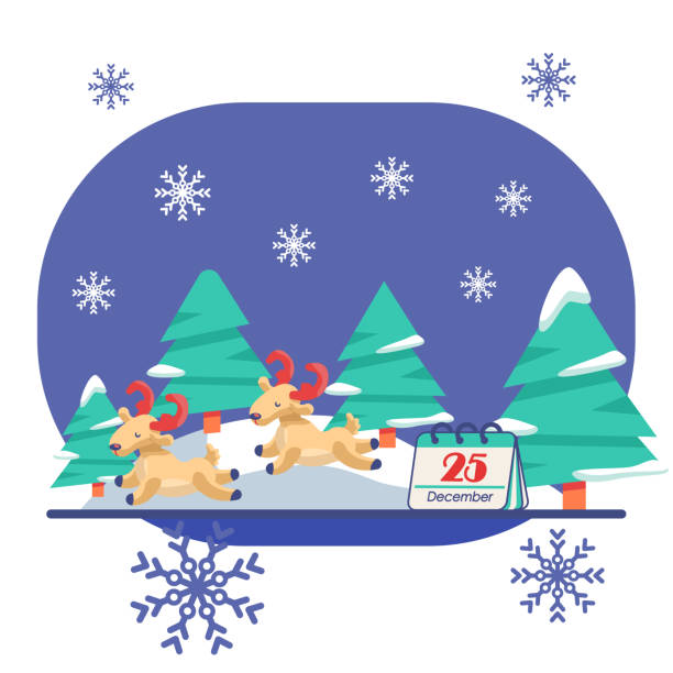 ilustrações de stock, clip art, desenhos animados e ícones de deers with fir trees on white isolated backdrop - color image blue background season animal