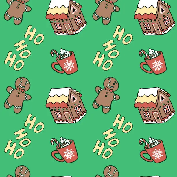 Vector illustration of Gingerbread house, man and cup seamless pattern