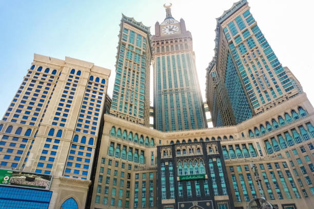 View of the Mecca Clock Tower at night during the Hajj season.