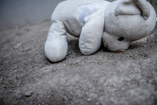 istock A damaged teddy bear on soil ground. 1287125839