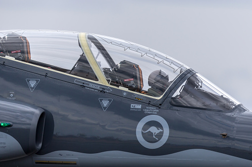 Avalon, Australia - February 26, 2013: Royal Australian Air Force (RAAF) pilot in the cockpit of BAE Hawk 127 lead in fighter trainer aircraft at Avalon Airport.