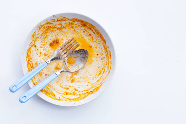 istock Dirty dishe on white background. Top view 1287128812