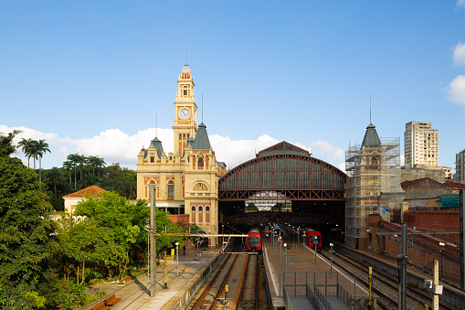 View from the rear of the Luz station in Sao Paulo with one of its towers being restored. Inaugurated in 1865.
