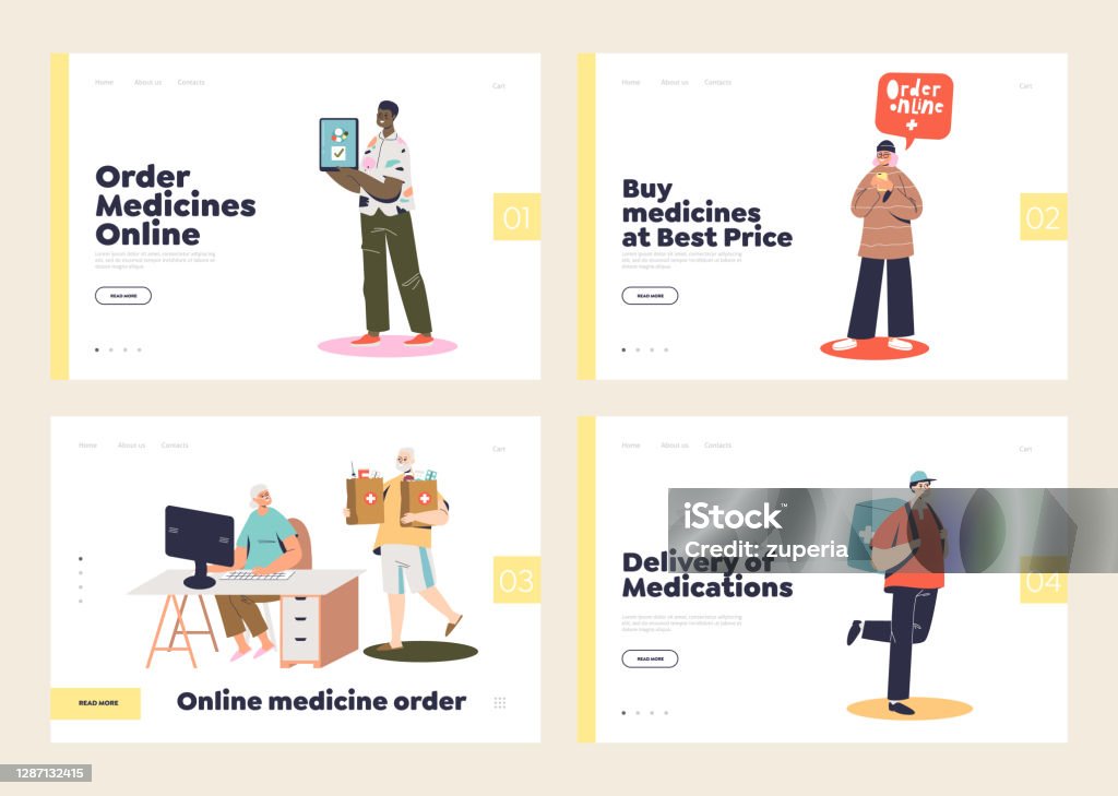 Konsep Toko Apotek Online Set Halaman Arahan Dengan Orangorang Membeli ...