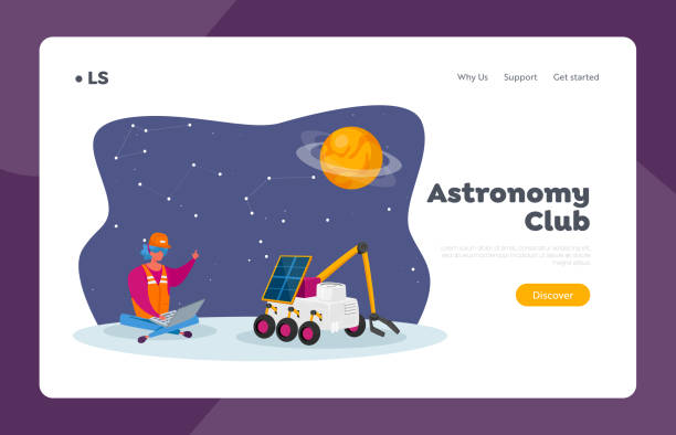 Galaxy Research and Colonization Landing Page Template. Engineer Character Control Rover Move on Alien Planet Surface Galaxy Research and Colonization Landing Page Template. Engineer Character Control Rover Move on Alien Planet Surface. Outer Space Astronomy Exploration, Scientist Explore. Cartoon Vector Illustration moon surface illustrations stock illustrations