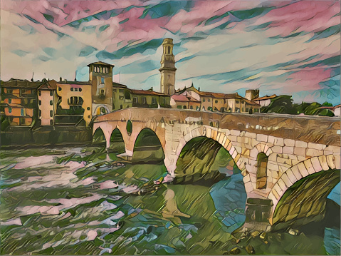Vector illustration of the Italian city of Verona. Color painting style.