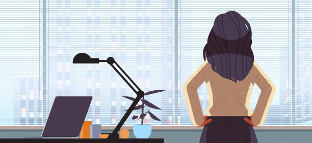 ilustraciones, imágenes clip art, dibujos animados e iconos de stock de empresaria mirando hacia adelante a través de ventana de vidrio mujer de negocios exitosa que trabaja en el liderazgo de la oficina - chica oficina vista trasera