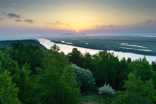 Khabarovsk region. A place near the city of Amursk. 
Beautiful sunset on the river named Amur.