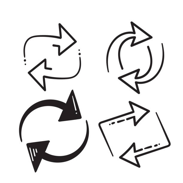 illustrations, cliparts, dessins animés et icônes de symbole tiré à la main de flèche de doodle pour la flèche inverse double, remplacent l’icône, échangent l’isolement - arrow sign symbol restoring double arrow sign