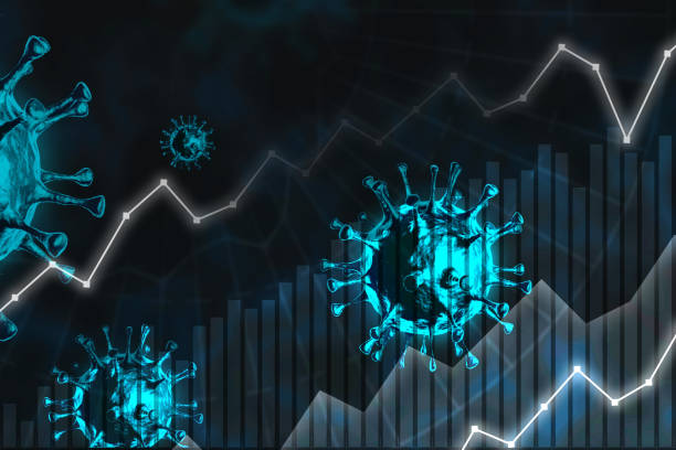 istock Coronavirus disease growth graph on a blue background. Particles of coronavirus infection. 3D rendering and 3D illustration. 1287141276
