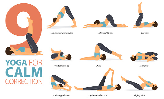 9 Yoga Poses Or Asana Posture For Workout In Calm Correction Concept Women  Exercising For Body Stretching Fitness Infographic Flat Cartoon Vector  Stock Illustration - Download Image Now - iStock