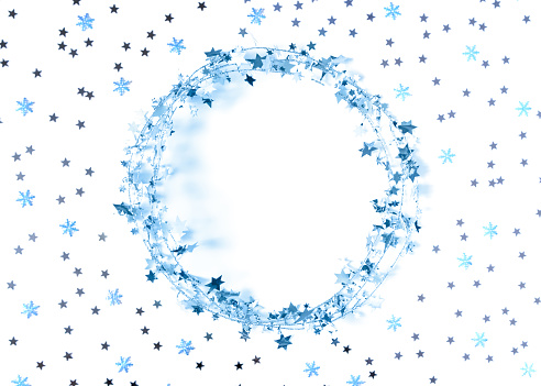 Christmas layout. The round blue frame made of glittering garlands is decorated with confetti in the form of stars and snowflakes. New Year, winter concept. Greeting card. Flat lay, copy space.