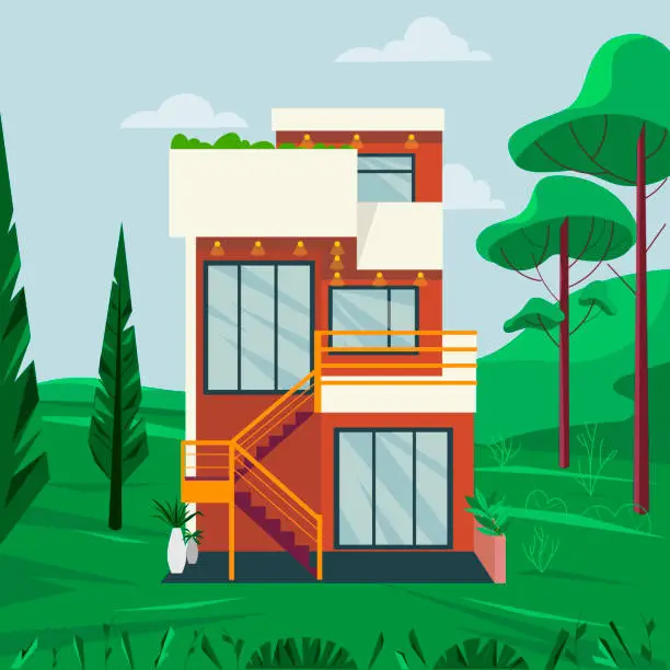 Vector illustration of Modern house against the backdrop of a summer landscape. House facade and green forest. Vector illustration