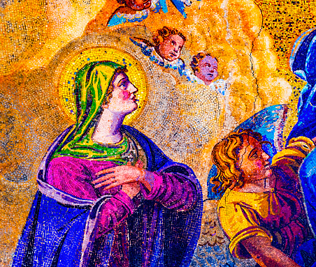 Virgin Mary Angels Resurrection Mosaic Facade Outdoor Saint Mark's Cathedral Basilica Venice Italy