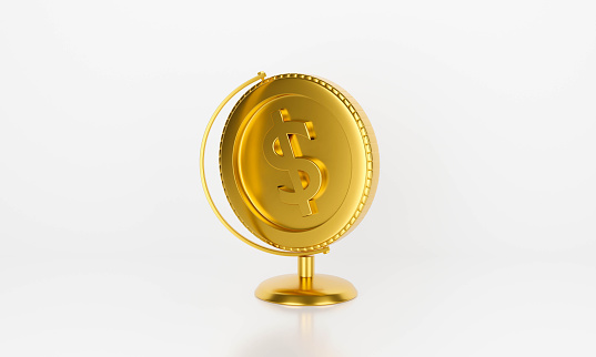 Antique globe money dollar gold coin isolated on white background abstract. 3d rendering for bank money, finance market, loan concept. Creative idea design. finance control.