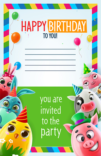Happy Birthday Greeting Card With Cute Cartoon Characters Stock  Illustration - Download Image Now - iStock