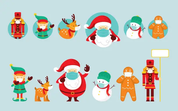 Vector illustration of Santa Claus and Friends Wearing Face Mask