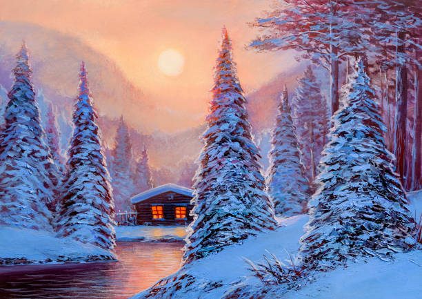 Winter landscape with a wooden small house by the river. Oil painting landscape. Winter landscape with the river. House in the woods. Original oil painting. christmas oil painting stock illustrations