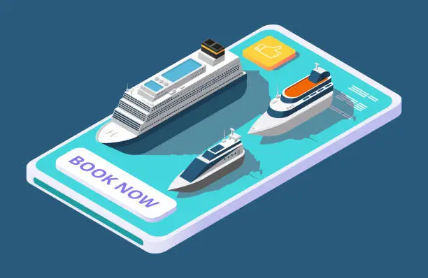 Vector illustration of Mobile app for booking cruise with ship or yacht, isometric vector concept