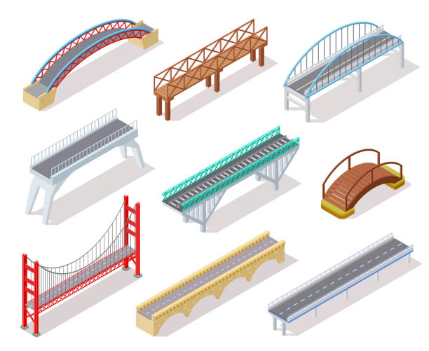 most izometryczny. betonowe mosty mosty zwodzony łuk rzeki pomostowe miejskie infografiki drogowe izolowane elementy 3d - bridge connection contemporary suspension bridge stock illustrations
