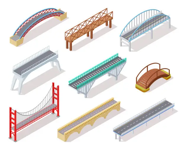 Vector illustration of Isometric bridge. Concrete bridges drawbridge river arch bridging city road infographics isolated 3d elements