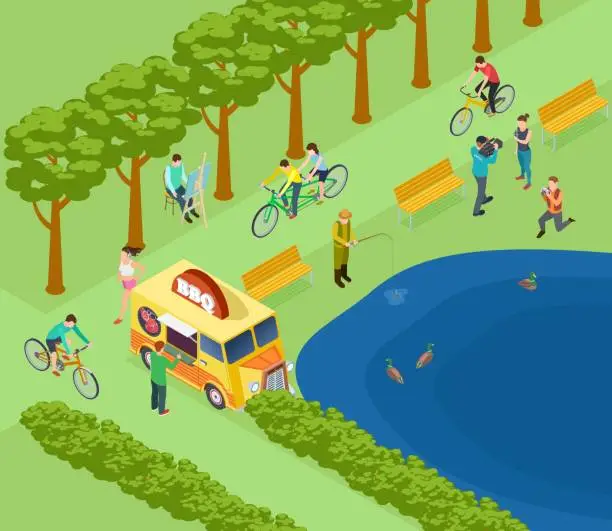 Vector illustration of People relax in park, ride bicycle, photograph and fishing, eat and jogging. Isometric green park vector concept