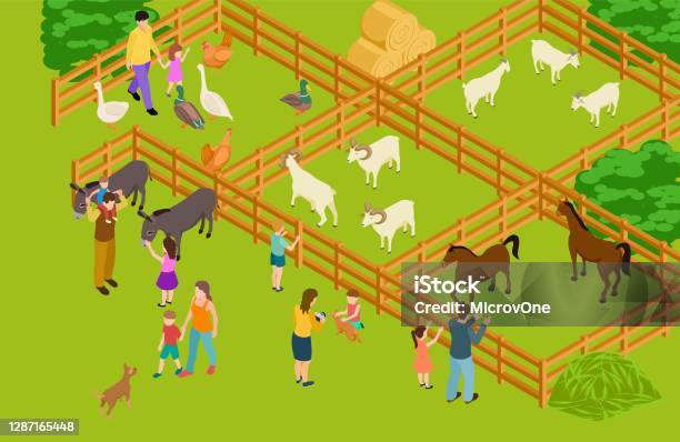 Farm Animals Zoo Isometric Vector Livestock And People Characters Happy  Family Time With Domestic Animals And Pets Stock Illustration - Download  Image Now - iStock
