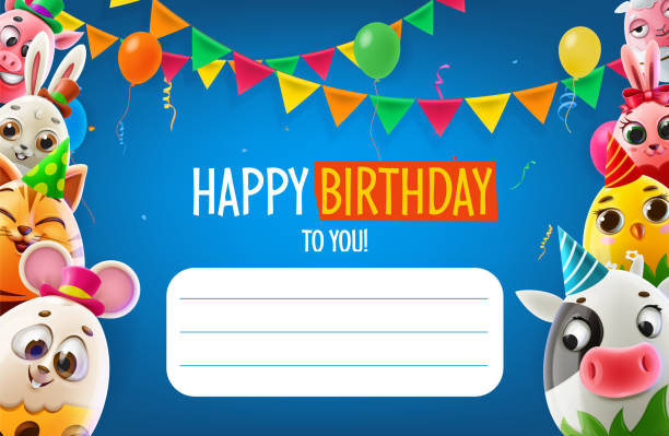 Happy Birthday Greeting Card Graphic With Cute Cartoon Characters Stock  Illustration - Download Image Now - iStock
