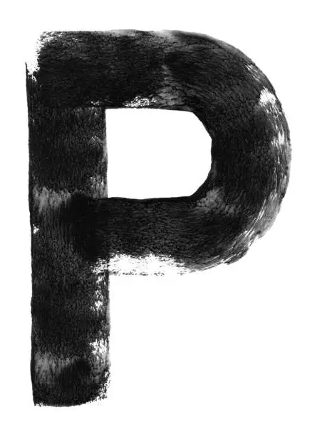 Vector illustration of Capital Letter P on white sheet of paper background in vector - abstract hand painted illustration with visible amazing and unique natural paint roller imprints in black - messy uneven dirty bad painted paint daubs - single object