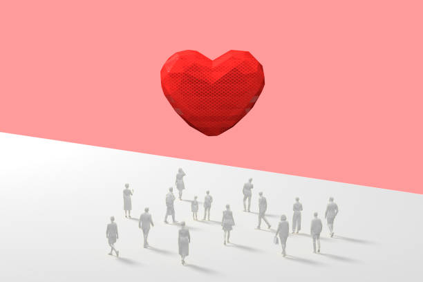 istock Red Low Poly Heart Shape Floating In Pink Space With A Crowd Of White Figurines On a White Background 1287166923