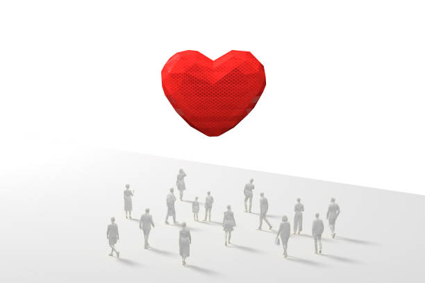 istock Red Low Poly Heart Shape Floating In White Space With A Crowd Of White Figurines On a White Background 1287167066