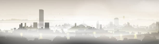 illustrazioni stock, clip art, cartoni animati e icone di tendenza di città con problema di inquinamento - global warming smog city pollution