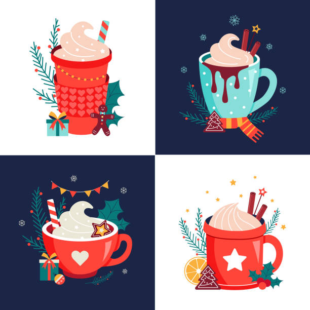 ilustrações de stock, clip art, desenhos animados e ícones de hot christmas drinks chocolate mugs vector set - breakfast cup coffee hot drink